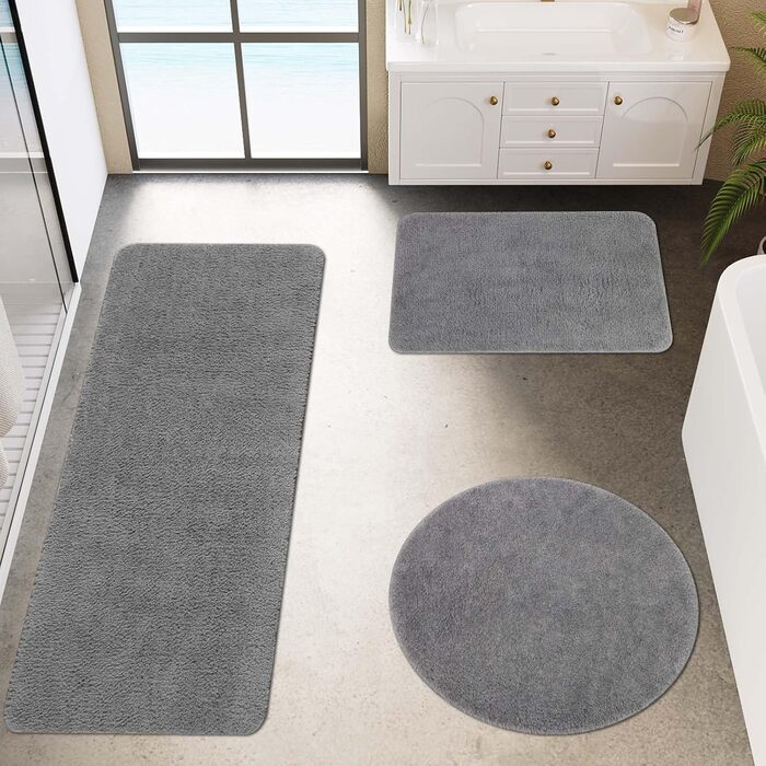 Комплект килимків для ванної кімнати Famibay: неслизькі, м'які, швидковисихаючі, сірого кольору. 3 шт. (40x60 + 45x120 + 60x60 см)