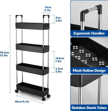 Кухонний візок QIUFEN, сервірувальний візок, візок, вузька нішева полиця, полиця для зберігання для ванної, кухні, офісу, чорний