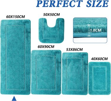 Килимок для ванної SOANNY, набір з 2 предметів, м'який нековзний килимок для ванної з мікрофібри високої щільності, килимок для ванної 53x86 см і килимок для унітазу 50x50 см, килимок для душа(60x150 см, Бірюзовий)