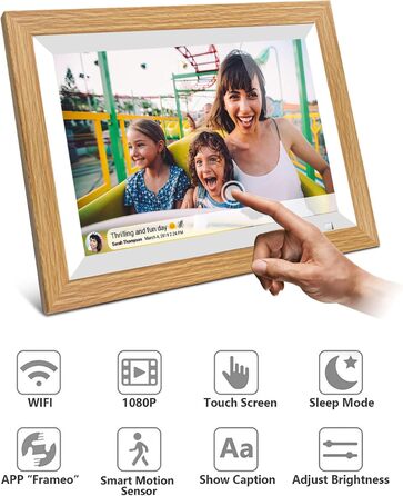 Цифровий фоторамка Cytem 10.1 дюйма з Wi-Fi, 32GB, сенсор руху, IPS 16:10, сенсорне управління, коричневе дерево, FrameO Software