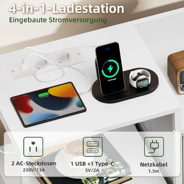 Комод з ящиками для спальні, вітальні, коридору Somdot з LED-підсвіткою та розетками (2 AC, 1 USB, 1 Type-C), 5 тканинних ящиків, білий, 29T x 66,5B x 70,5H см, штучна шкіра