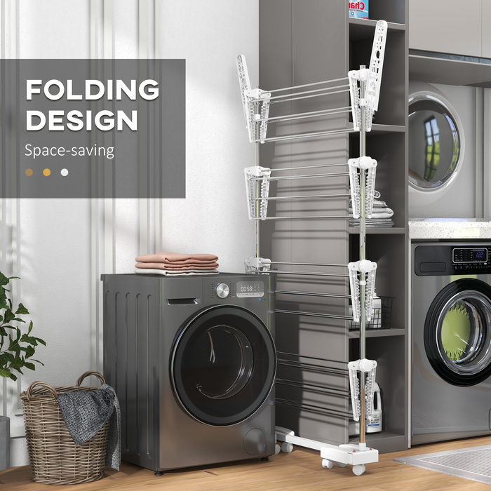 Зручна мобільна сушарка для білизни на коліщатках, з 4 рівнями, складана, з нержавіючої сталі, стійка до корозії, біло-срібна, розмір 142 x 55 x 172 см
