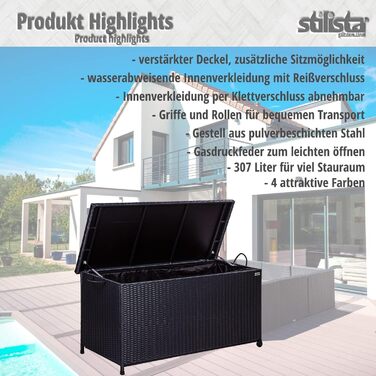 Ящик для подушок STILISTA® з ротангу (поліротанг) 122x62x56 см з кришкою, автоматичним підйомним механізмом, внутрішньою підкладкою, колесами та ручками, 4 кольори