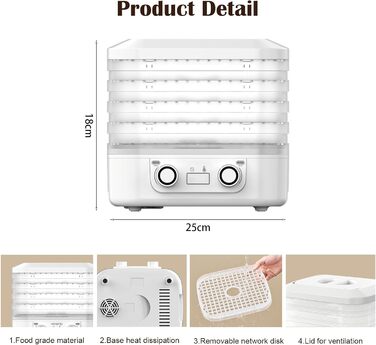 Дегідратор MeYuxg, без бісфенолу А, 5 рівнів, таймер на 48 годин, регулятор температури (35-70 C), для фруктів, м'яса, овочів