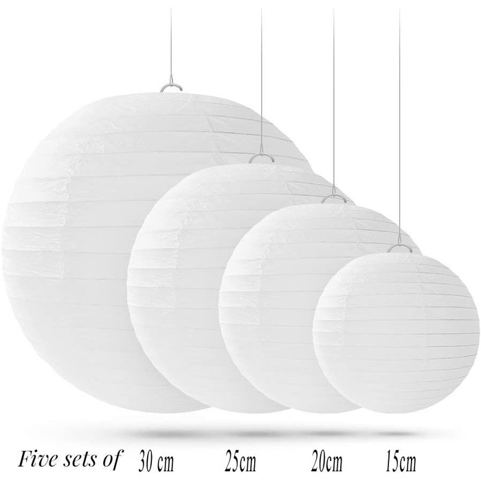 Паперові ліхтарики кремового кольору, 20 шт., круглі паперові ліхтарики, підвісні паперові ліхтарики, 15 см, 20 см, 25 см, 30 см, різних розмірів, світильник, абажур для весілля, святкування дня народження, саду (білий)