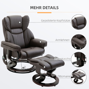 Масажне крісло HOMCOM Recliner з підставкою для ніг і функцією відкидання, імітація шкіри коричневого кольору 79x82x101 см, зручне для релаксації та оздоровлення