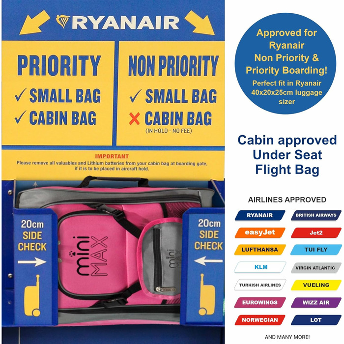 Ручна поклажа максимального розміру Ручна поклажа під сидінням Рюкзак Ручна поклажа для ручної поклажі з 2-річною гарантією (рожевий), 20L Ryanair 40x20x25