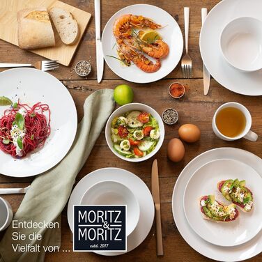 Набір посуду Moritz & Moritz BASIC 18 предметів на 6 осіб - сучасний, з високоякісного порцелянового посуду, класичний білий колір. Включає: 6 тарілок для вечері, 6 тарілок для десерту, 6 салатників (мисок).
