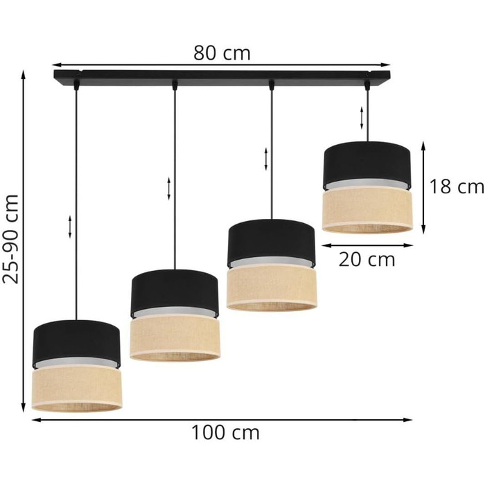 Підвісний світильник Light-Home Juta - Стельовий світильник - Металевий підвісний світильник з тканинним абажуром - E27 - Класичний 3-світловий 20 см - Чорний п'єдестал - (Джут чорний, чорна основа - 4-полум'я)