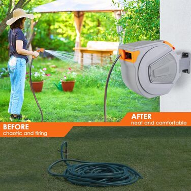 Шланговий барабан з шлангом 30м для саду, настінний автоматичний ролик, поворот 180°, водяний бокс з 9 функціями, для поливу та миття авто, сірий-помаранчевий, 30M