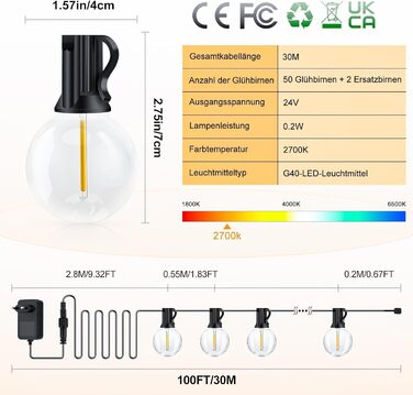 Світлодіодні зовнішні струнні світильники 20 м, 32 лампочки G40, стійкі до погодних умов для саду, балкона, прикраси вечірки