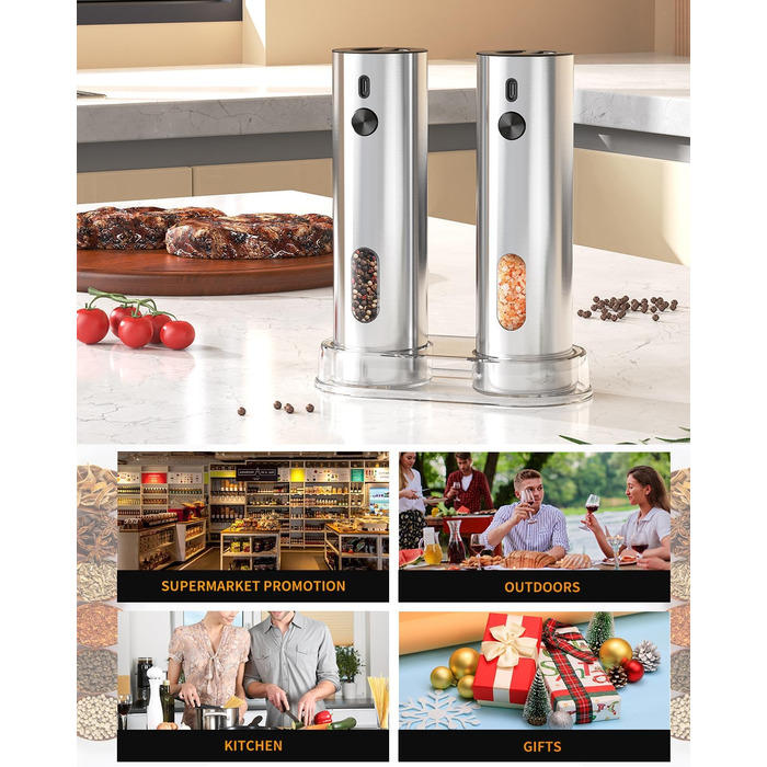 Електричні соляні та перечні млини CIRCLE JOY з підставкою, чорного кольору. Набір з нержавіючої сталі, регулювання помелу, LED-підсвічування, 110 мл, сріблястий