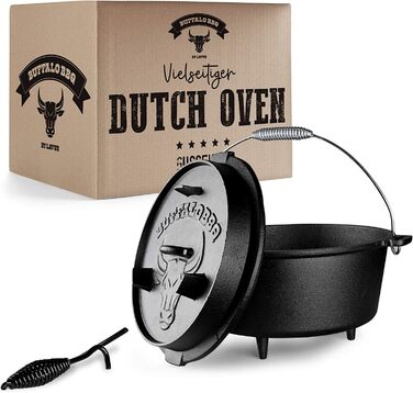 Чавунний казан Dutch Oven BUFFALO BBQ на 7,5 л з кришкою 2в1, сумкою та підйомником для кемпінгу та гриля