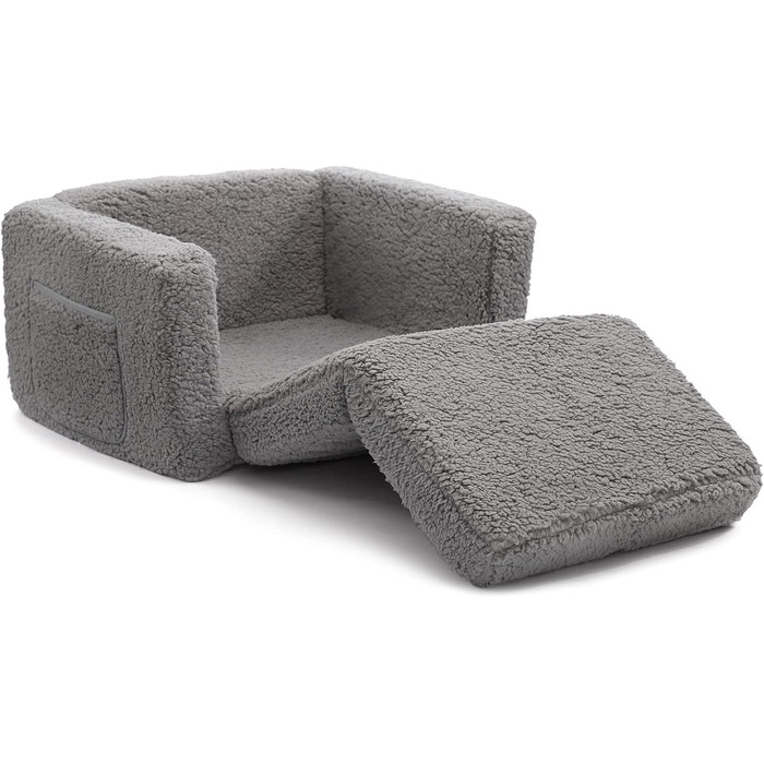 Дитяче диван-ліжко BEJOY 2 в 1, сірий. Зручне крісло-диванчик для дитячої кімнати, подарунок на день народження. Sherpa тканина, висувний диванчик для дітей.