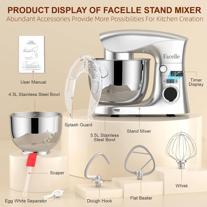 Кухонна машина-міксер Facelle 1500W з 5.5L та 4.5L чашами, 10+ програм, тиха робота, срібна