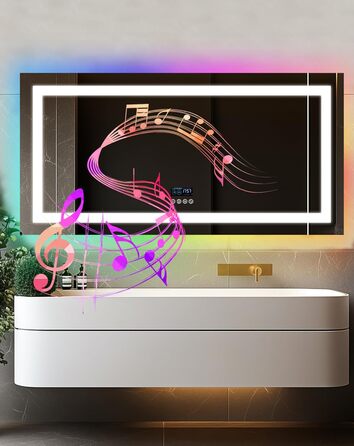 Дзеркало для ванної кімнати LUVODI LED з підсвічуванням, 40x50 см, водонепроникне, сенсорне керування, 3 колірні температури, регульована яскравість, антизапарник, RGB підсвічування, Bluetooth, 120x60 см