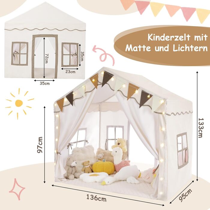 Дитячий намет MAMIZO для гри в приміщенні з килимком, прапорцями та світлом, 136x95x133 см. Ідеальний намет-ігровий будиночок для дітей, підходить для хлопчиків та дівчаток, кремового кольору.