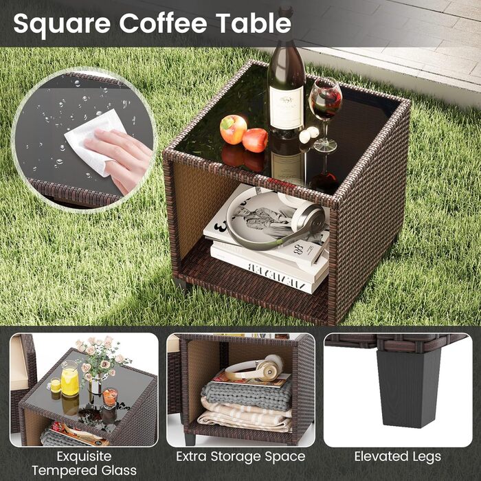 Садовий набір меблів GIANTEX з ротангу для балкона та тераси: 2 крісла та стіл, коричневий ротанг + коричневі подушки