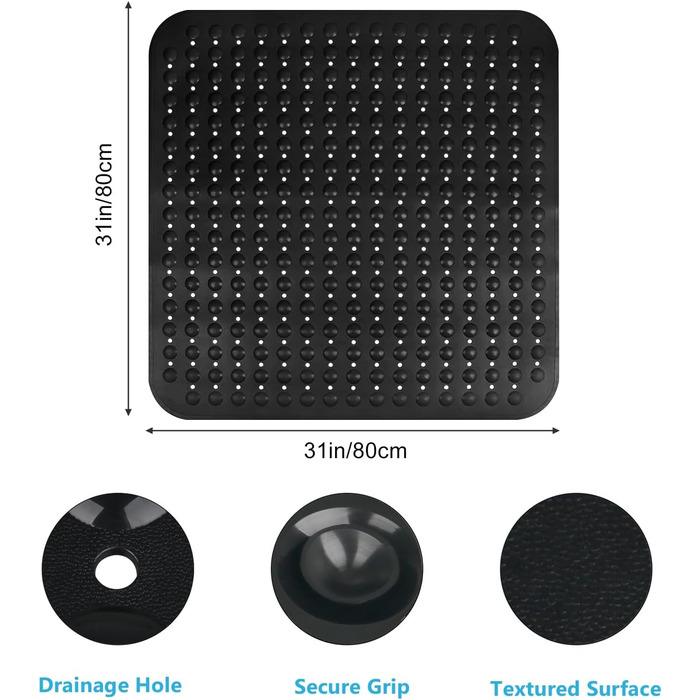 Килимок для душу нековзний 80х80 з присосками, протиковзкий килимок ПВХ (Чорний)