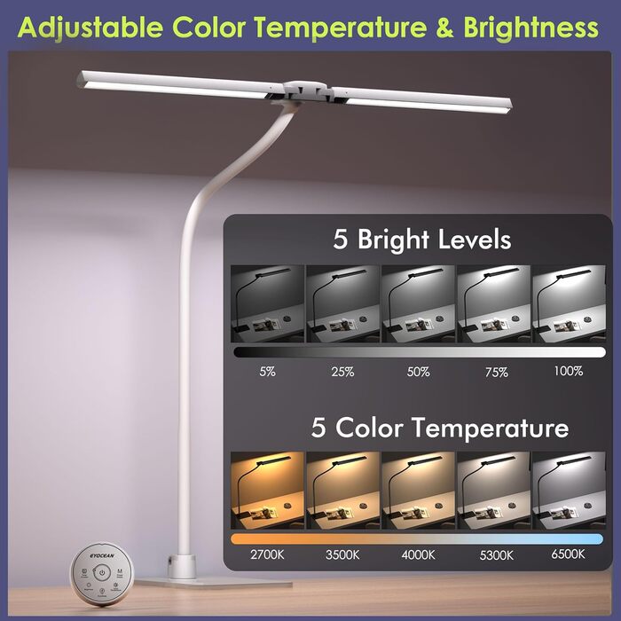 Стіл лампа з двома головками для дітей, захист очей, 16W, 72см, денне світло, диммування, пульт ДУ, лебединий шийка, матовий білий