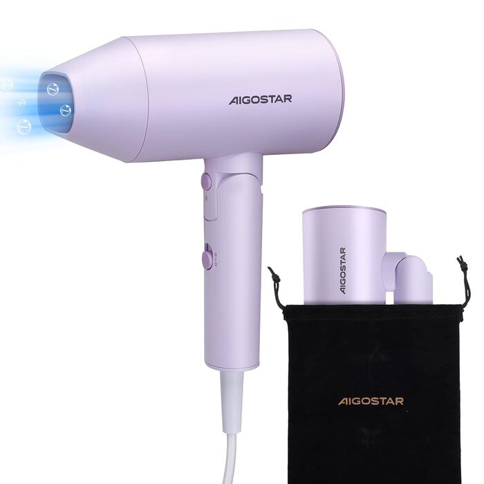 Фен дорожній Aigostar Diane 2100W з іонізацією, 3 режими температури/2 швидкості, захист від перегріву, фіолетовий, з сумкою