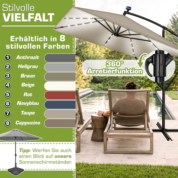 Прямокутна алюмінієва парасолька від сонця tillvex® 330 см з LED-підсвіткою, ручкою та чохлом, боковий стілець-опора, захист від UV та води (Taupe)