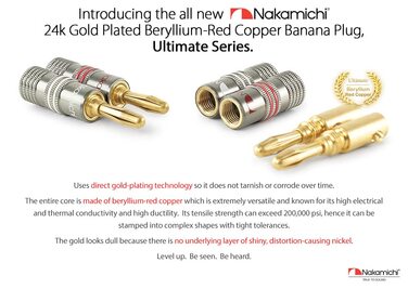 Штекери-банани Nakamichi Ultimate 24K з позолоченим покриттям з берилієвої міді для акустичних кабелів, 4 шт. и