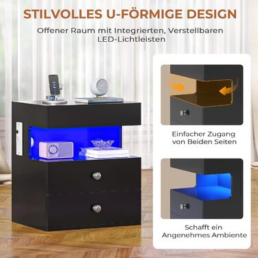 Нічний столик AOGLLATI з прихованим відділенням, розеткою та LED-підсвічуванням, 2 шухляди, висувний ящик, полиця, глянцева поверхня (40x35x59 см, чорний, 2)
