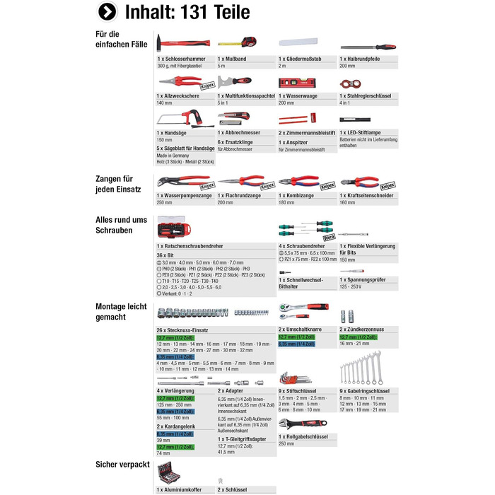 Набір інструментів Meister 131 предметів Knipex & Wera в алюмінієвому кейсі - професійний валіза з інструментами для майстрів