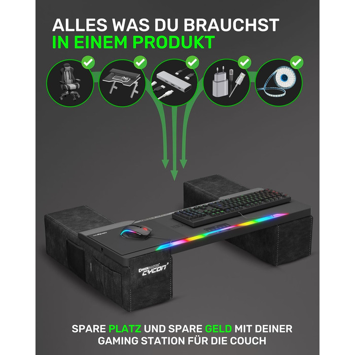 Couchmaster CYCON³ Black HORIZONLIGHT – стіл для ноутбука для геймінгу, чорний, з USB-хабом