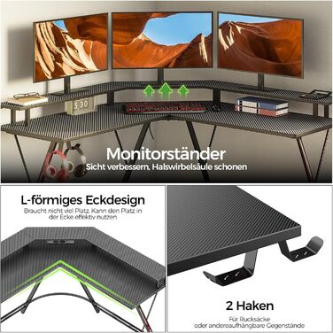 Ігровий стіл SEVEN WARRIOR з LED-підсвічуванням, розетками, моніторний стійка, 2 гачки, L-подібний, 147 см