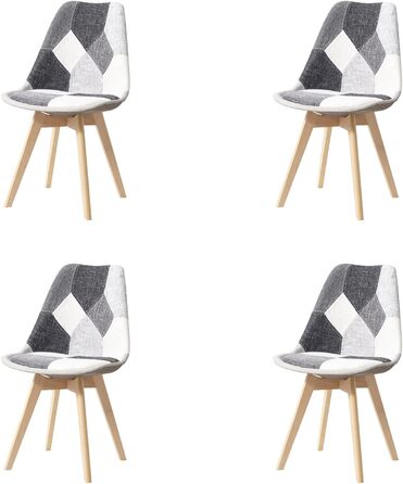 6 стільців для обідньої зони: дерев'яні ніжки, знімні подушки, сучасний дизайн, сірий patchwork