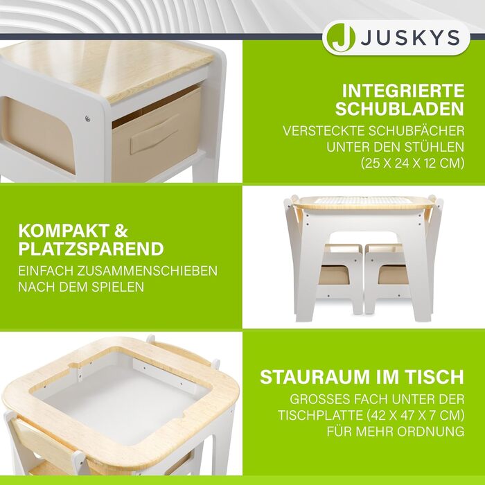 Дитячий стіл та комплект з 2 стільців Juskys Milou - дерев'яний ігровий стіл з місцем для зберігання, дитяча меблі для малювання та ігор (натуральне дерево)