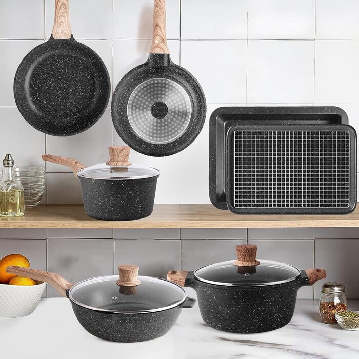 Набір посуду RIOVARM з нержавіючої сталі з антипригарним покриттям, 6 предметів: каструлі, сковороди, соусник, пательня, кришки, лопатка. Для кухні