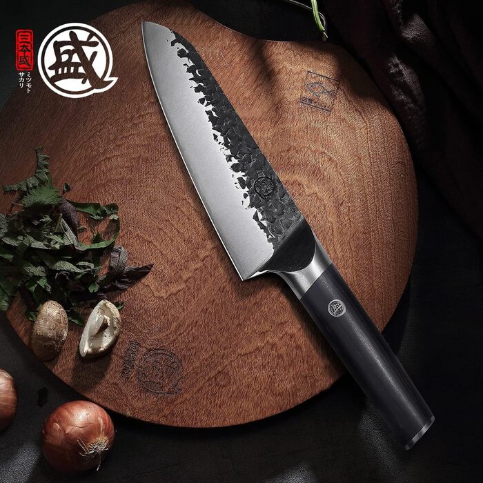 Японський ніж Santoku Mitsumoto Sakari 17 см, ручне ковадло, професійний (з ручкою з пакавуду)