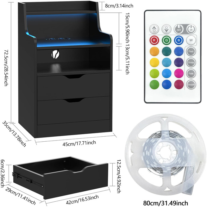 Приліжкова тумбочка Lvhecforhm із зарядною станцією, світлодіодне підсвічування, порти USB, 2 висувні ящики, глянцевий, чорний (набір з 2 шт. )