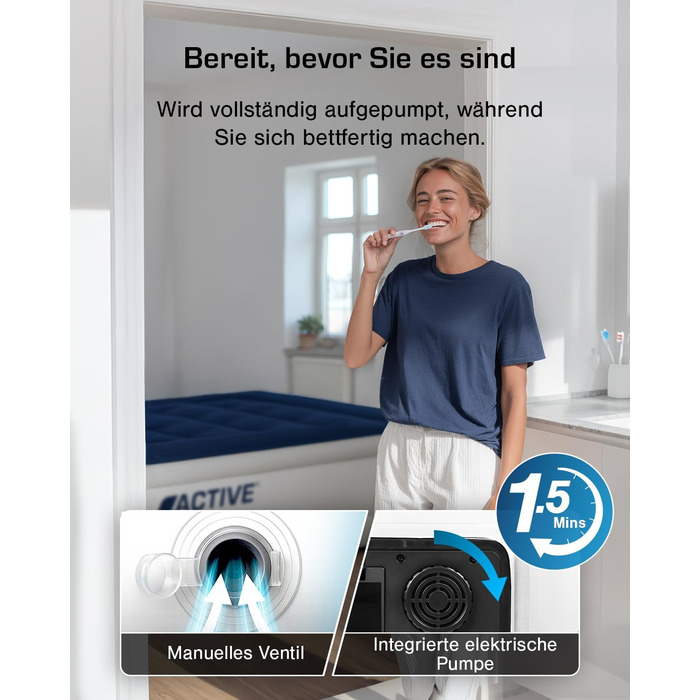 Надувне ліжко Active Era Luxus для 2 осіб з електричним насосом та інтегрованим подушкою. Розмір 200 x 150 x 36.5 см. Підходить для кемпінгу та як гостьове ліжко.