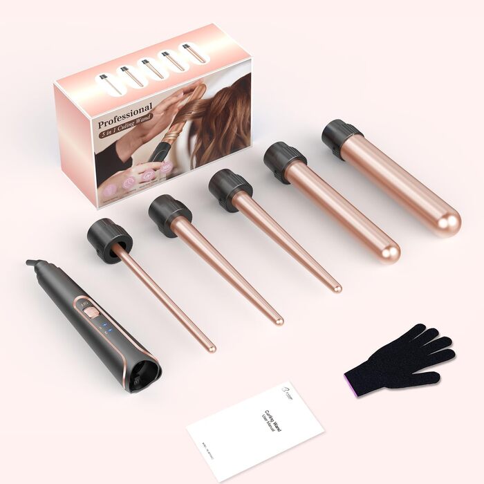Набір для завивки волосся BESTOPE PRO 5-в-1 з LED-дисплеєм: 3 насадки, регулювання температури, швидкий нагрів, рукавичка, кліпси, рожеве золото