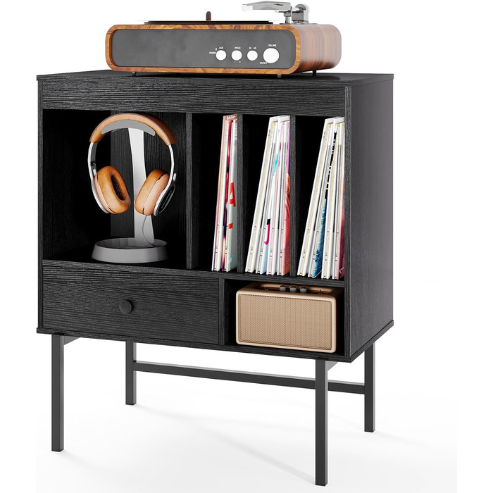 Підставка для програвача COSTWAY з місцем для зберігання вінілу, з відкритими полицями, тримачами для платівок та ящиком, дерев'яний тумбочка для музичної кімнати та вітальні, 70 x 36 x 80 см (білий/чорний)