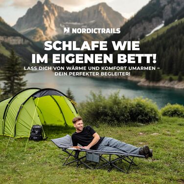 Розкладне кемпінгове ліжко NORDICTRAILS XXL з м'яким матрацом, сіре (190 x 70 см) — зручне похідне ліжко для відпочинку, риболовлі та гостей