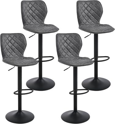 Набір барних стільців 4 шт. регульовані по висоті з підлокітником та підставкою для ніг – 360° обертання, PU шкіра, оббивка, металевий каркас для кухні, стійки, їдальні, вітальні, чорний