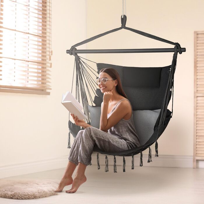Підвісне крісло-гойдалка з подушкою 100x130x75 см, до 150 кг, для саду та дому, чорне
