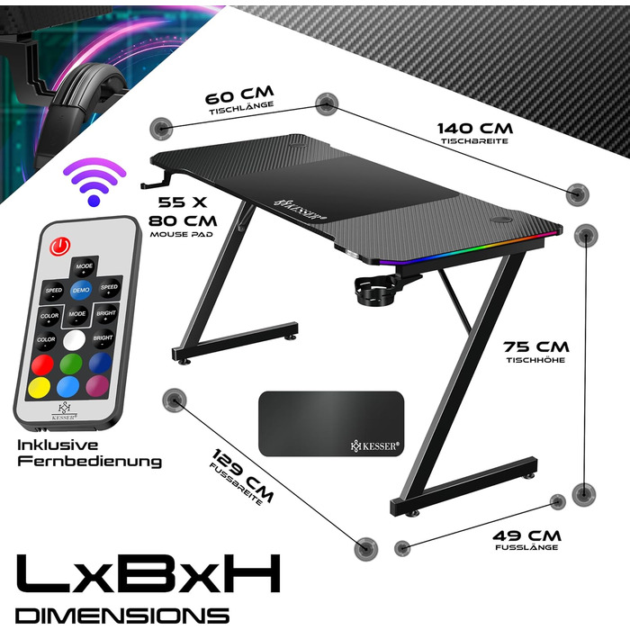 Ігровий стіл KESSER® LED 140x60 см | З-подібний стіл для геймерів | Кріплення для навушників & вуглецеве покриття | Ергономічний стіл для ПК | Стабільний стіл з підстаканником, чорний, 140 x 60 см, карбон з LED підсвіткою