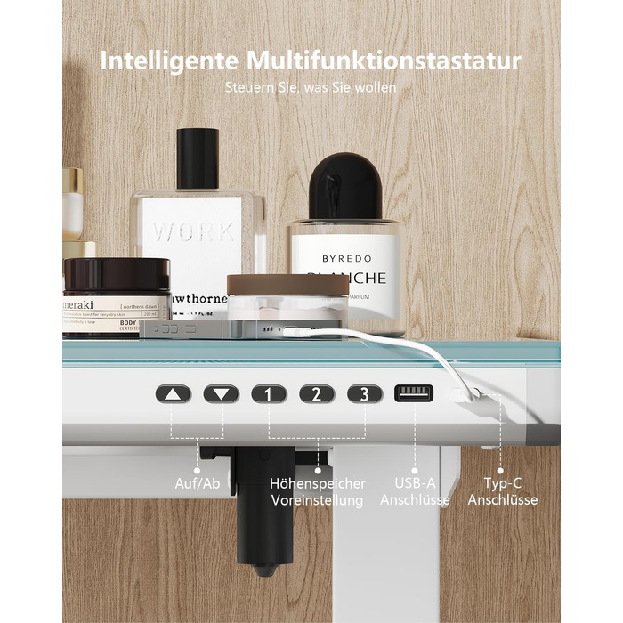 Електричний письмовий стіл Homall зі скляною стільницею, 140x70 см, з регулюванням висоти та шухлядою, білий, для дому та офісу