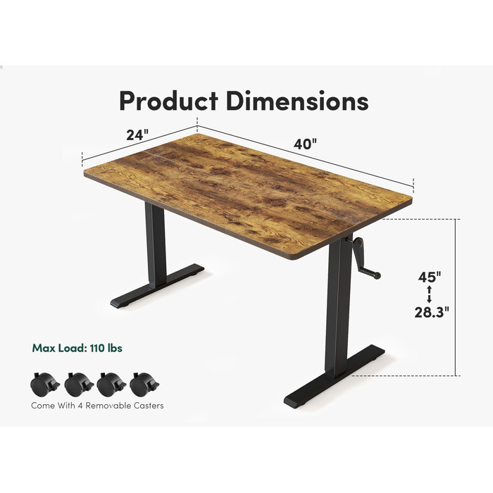 Письмовий стіл з регулюванням висоти FEZIBO Crank, ручний стіл стоячи, 105x66 см, коричневий