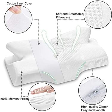 Ортопедична подушка Elviros з Memory Foam для сну на боці, підтримка шиї, зменшує біль у шиї та плечах, 64 x 12,5/10,5 x 38 см