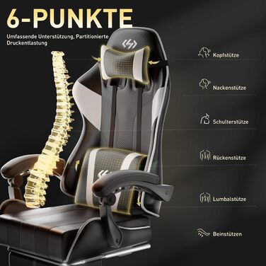 Геймінговий крісло HLONONE, ергономічний ігровий крісло з кишеньковим пружинним матрацом, гоночний крісло для геймерів з підніжкою, підтримкою попереку, регульоване офісне крісло, вантажопідйомність 150 кг, PC крісло (Чорно-білий)