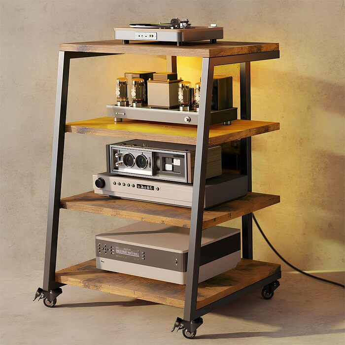 Стійка для Hi-Fi апаратури на 4 рівні з розетками, регульованими полицями, колесами та LED-підсвічуванням (керування через додаток) | 60x51x85 см | Дерев'яно-сталева стійка для програвачів, медіа-пристроїв