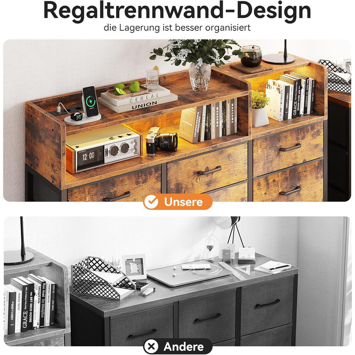 Комод ODK з шухлядами, 2 розетки, 2 USB, 10 LED-смужок, полиця-стільниця, 9 тканинних шухляд, чорний (ретро стиль), 130x30x97 см