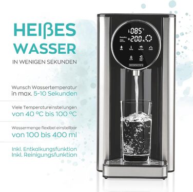 Диспенсер гарячої води Heinrich - гаряча вода за секунду, 40°-100°C, об'єм 100-400 мл, для дитячого харчування, з функцією очищення та фільтром, сенсорний дисплей, 2.7 л